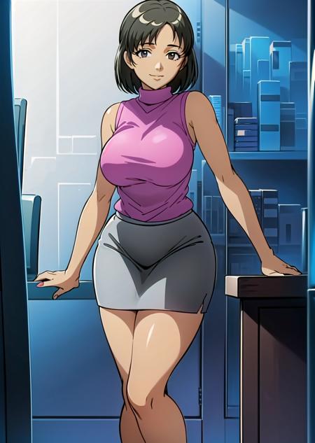 urotsukidoji researchgirl,
(solo:1.4),
1girl,brown hair, short hair, brown eye, beautiful thighs, bare legs,
(gray pencil skirt:1.4), (pink sleeveless turtleneck:1.4), (parted bangs:1.4), high heels,
standing, smile,
living room, (daylight:1.4)
portrait,(half body shot:1.4),
(masterpiece:1.4), (best quality:1.4),
professional artwork, intricate details, vivid colors, Diffused lighting, digital blending, ultra detailed body, ultra detail hair, ultra detail face,
<lora:urotsukidoji_researchgirl_ver5-10:0.7>