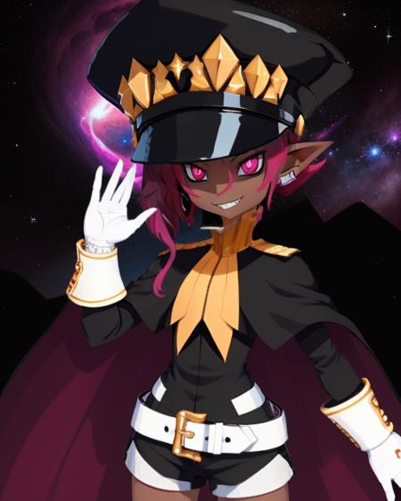 Psychic, short  lavender hair , pink eyes,pointy ears ,dark skin , evil grin, standing, upper body,
PsyATT,white gloves, earrings ,black shorts , black boots, white belt , black uniform with long sleeves ,shako cap, cape,
outer space, milky way, stars, open military platform,
(insanely detailed, beautiful detailed face, masterpiece, best quality)       <lora:Psychic:0.7>