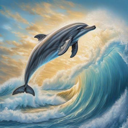 dolphin on the crest of a foamy wave, 
ultra-realistic digital painting, 
golden ratio. All details are clearly drawn, 
wave, 
dolphin, 
eyes, 
foam