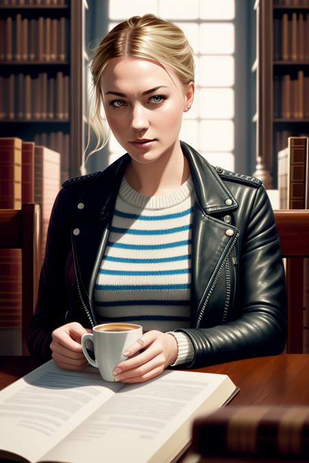 photo of (strah0vsky), a woman in a (leather jacket:1.2), (wearing a striped sweater:1.2), modelshoot style, (extremely detailed CG unity 8k wallpaper), photo of the most beautiful artwork in the world, professional majestic oil painting by Ed Blinkey, Atey Ghailan, Studio Ghibli, by Jeremy Mann, Greg Manchess, Antonio Moro, trending on ArtStation, trending on CGSociety, Intricate, High Detail, Sharp focus, dramatic, photorealistic painting art by midjourney and greg rutkowski, (holding 1 cup of coffee:1.1), (sitting on a chair:1.2), (in a library:1.3), (looking at viewer), (detailed pupils:1.3)