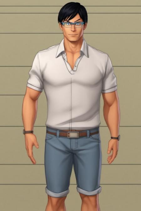 Realistic human like image of full body tenxiida character,  serious male,  black hair,  wearing glasses,  in casual clothing,  background of gym, <lora:EMS-57832-EMS:1.000000>