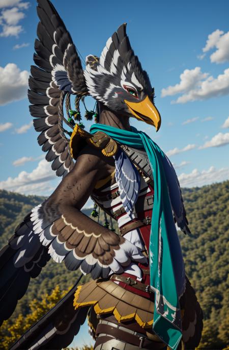 masterpiece, best quality, revali, anthro, avian bird, beak, ((winged-arms)), detailed, masterpiece, forest  background, blue sky , green eyes,  bird tail, armor, feathered wings, claws, tail, blue, feathers, looking at viewer, upper body, portrait