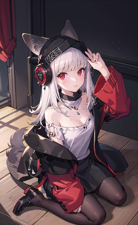 (masterpiece,best quality, detailed), indoors, looking at viewer, 1girl, solo, full body, from above,  sitting, wariza,
origin, 1girl, solo, long hair, tail, looking at viewer, off-shoulder grey shirt, expressionless, black skirt, red jacket, fox tail,  black pantyhose, <lora:frostleaf-pynoise-000009:1>