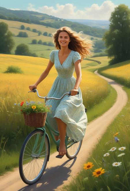 A beautiful woman riding a vintage bicycle along a winding path in the countryside, captured in a digital painting style. She has flowing hair that moves gently in the breeze, and she’s wearing a light, summery dress that flutters as she pedals. The surrounding landscape is filled with lush green fields, colorful wildflowers, and tall, golden grass under a soft, warm sunlight. In the distance, gentle hills and scattered trees create a peaceful and idyllic backdrop. The color palette is warm and vibrant, evoking a sense of freedom, tranquility, and connection with nature.