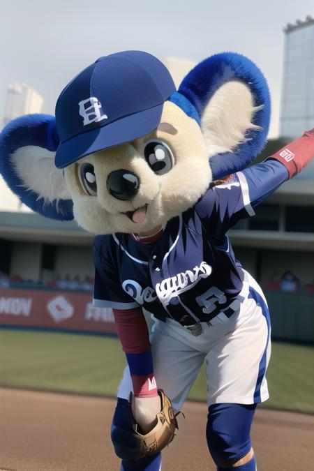 doala,  mascot ,baseball cap,baseball uniform,open mouth,looking at viewer,baseball stadium,dynamic angle  <lora:epoch-000100:0.7>