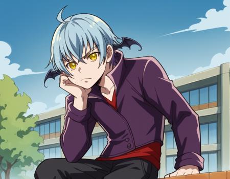 <lora:dokidokiprecure-ira-anime-ponyxl-lora-nochekaiser:1>, ira, blue hair, yellow eyes, ahoge, male focus, wings, bat wings, pants, black pants, belt, shirt, red shirt, jacket, purple jacket, long sleeves, high collar,