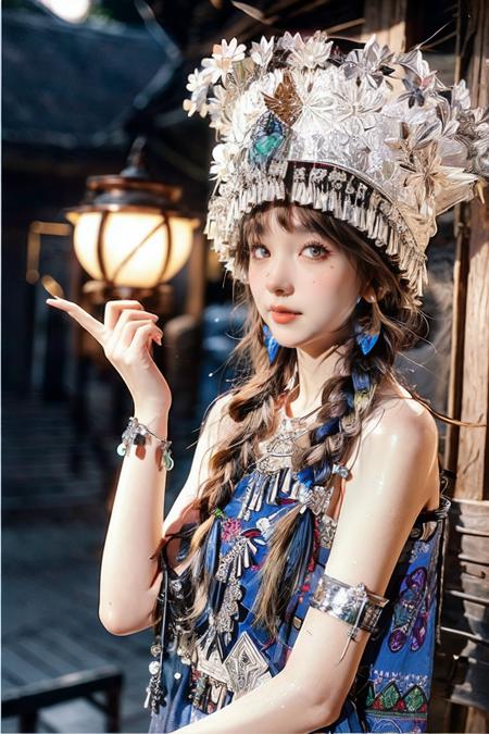 1girl, jewelry, moon, bracelet, full_moon, solo, hat, brown_eyes, necklace, lips,extremely detailed CG unity 8k wallpaper,masterpiece, best quality, ultra-detailed, beautiful detailed eyes:1.2,best illumination, (best shadow, an extremely delicate and beautiful, bloom),, <lora:miaojiangshaonv:1>, <lora:ç»èè°æ´ add_detail:0.8>, <lora:[LoHa] Pastlight æå Concept Style:0.7>