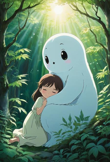 anime screencap, anime, thick outlines, (studio ghibli:1.5), 
a chibi Whimsical ghost, comforting a chibi , photorealistic, dense foliage, detailed greenery, soft light rays, serene ambiance, ultra-high resolution, natural color palette, cinematic shot, close-up view, medium shot, wide-angle view, low-angle shot, high-angle shot, expressive faces, smooth textures, gentle glow, mystical atmosphere, balanced composition, dynamic flow, tranquil setting, tender interaction, enchanted forest