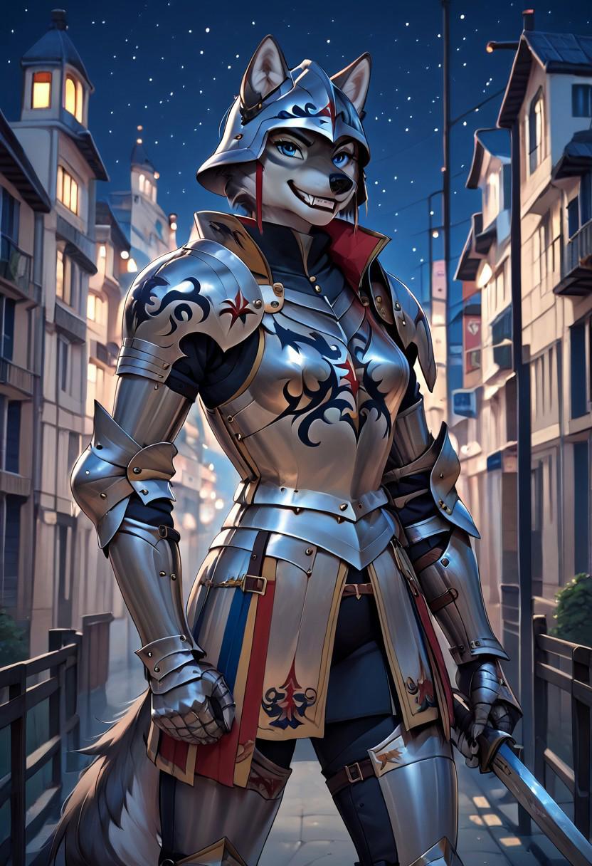 score_9, score_8_up, score_9_up, source_furry, colorful, masterpiece, high quality, highly detailed, Expressive, solo, anthro wolf, wolf, female wolf, grey body fur, wearing knight helmet, wolf tail, blue eyes, wearing knight armor, metal gauntlets, metal arm armor, metal leggings, death knight armor, city at night background, grin, fangs, holding a huge longsword, planted longsword, holding longsword by hilt.