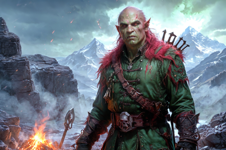 bioluminescent, an orc bone collector with green skin, wearing a fur vest, gathering bones, solo, from the Nightstalker Clan, with black leather armor and stealth markings, a mountain pass with rocky terrain, narrow path, distant peaks, detailed background, guarding a prisoner, holding a chain, defiant, standing tall, portrait focus, close-up shot, an orc funeral with orcs mourning, pyre burning, bones placed on a stone, a clan banner with a symbol, nearby, on a forge floor, soot-covered, windy, gusts blowing, leaves swirling, clouds racing, late night, dark sky, bright stars, cold air, best quality, vibrant colors, photorealistic style, high detail, high-definition, hyper-realistic, extremely high-resolution details, fine texture, incredibly lifelike, realistic, not cartoon, not drawing, highres, 4K resolution, source photo, realistic photo, masterpiece, best quality, amazing quality, very aesthetic, ultra-detailed, detailed textures, natural lighting, soft lighting, battleworn tones, muted reds, grays, blacks, torchlight, warm flickering glow, side profile shot, full body visible, <lora:Mystic_Lumina_r1-000007:0.9>