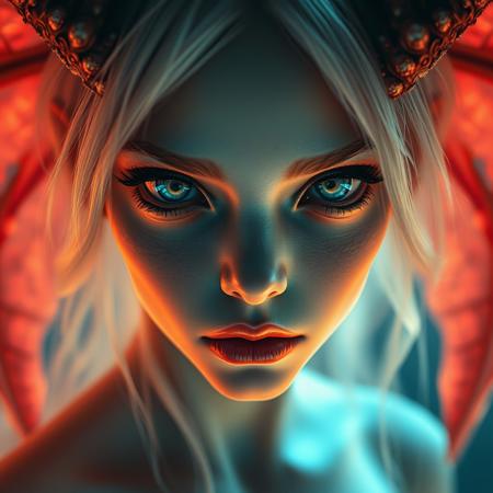 Ethereal demon girl, Reflective eyes capture unseen worlds. Hyper-detailed textures, surreal atmosphere