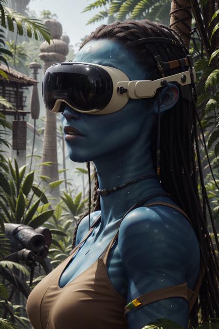 (Masterpiece, highres), AOA, Avatar Lara Croft, 1girl,  Na'vi , blue skin, 8k, outback, tropical temple, jungle, toned, trees in the background, sweat, depth of field, saturated, clean, detailed, hyperdetailed, Intricate, blue skin, sunglasses, detailed skin, skin pores, ultra quality, Film grain,
<lora:vision_pro_v1:0.3>,<lora:AllOutNa'vi_V1:0.6>wearing VR glasses, wearing Vision Pro