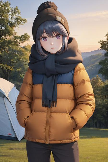 (masterpiece, best quality:1.2), <lyco:yurucamp_shima-10:1.0>, cowboy shot, solo, 1girl, shima rin, expressionless, closed mouth, looking at viewer, hands in pockets, beanie, winter clothes, coat, pants, scarf, sunset, forest, grass, hiking tent