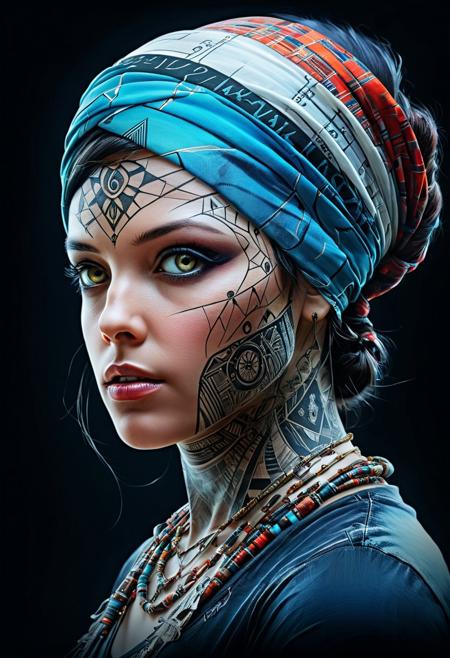 mysterious silhouette woman with bandana, by Minjae Lee, Rossdraws, Carne Griffiths, Steve McCurry, Aaron Horkey, Russ Mills amazing depth, double exposure, surreal, geometric patterns, intricately detailed, bokeh,  perfect balanced, deep fine borders, artistic photorealism , smooth,  great masterwork by head of prompt engineering   <lora:add-detail-xl:2>  <lora:Double_Exposure:0.5>  <lora:hyperkraximalism_v1-1:0.3>