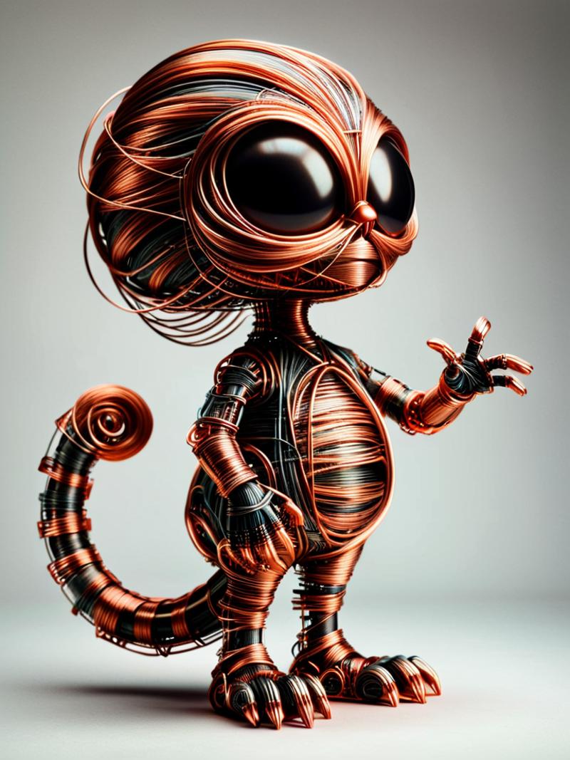 A robot cat with a copper wire body and a copper wire tail.