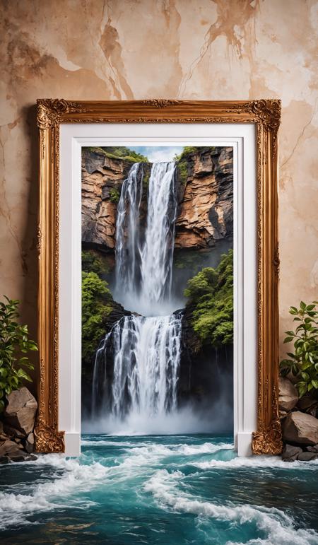 surreal art rendition of a photo frame depicting an epic waterfall scene with the bottom part of the frame broken leading to water spilling on the wall, anti-aliasing