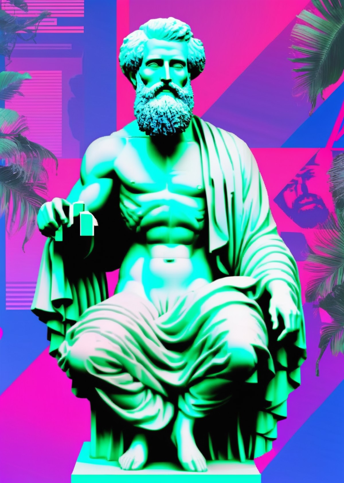 a statue of a man with a beard ,   <lora:vapor_graphic_sdxl:0.6> , vaporwave, vapor_graphic