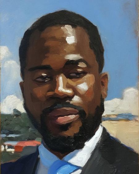 African businessman in a suit, classical portrait painting of a modern African businessman in a suit, outdoors under a bright blue sky with majestic clouds, Nigeria city street, head and shoulders, painting by classipeint, extremely detailed