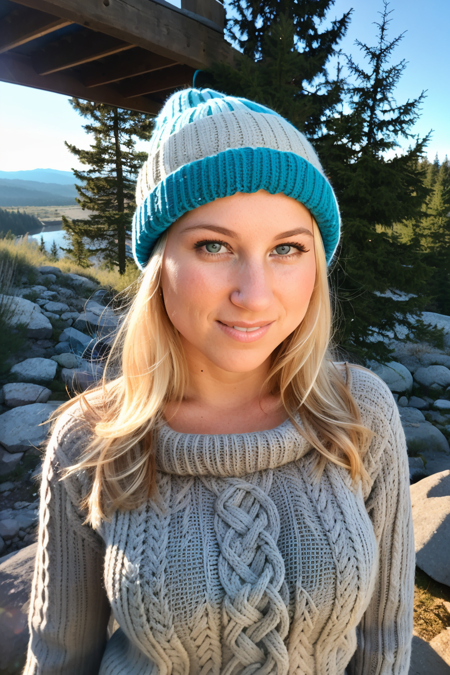 1girl, devonlee, blonde hair,((upper body selfie, happy)), blue eyes, masterpiece, best quality, ultra-detailed, solo, outdoors, (night), mountains, nature, (stars, moon) cheerful, happy, backpack, sleeping bag, mountain boots, gloves, sweater, hat, flashlight, forest, rocks, river, wood, smoke, shadows, contrast, clear sky, analog style, (look at viewer:1.2), (skin texture), (film grain:1.3), (warm hue, warm tone :1.2), close up, cinematic light, sidelighting, ultra high res, best shadow, RAW, upper body, wearing pullover, (outdoors)  <lora:DevonLee:1>