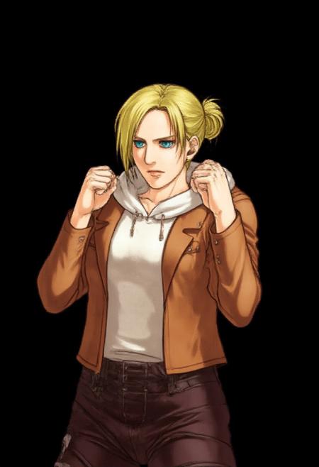 simple background, black background BREAK 1girl, mature female, female focus, solo, three quarter view, upper body BREAK fighting stance BREAK medium hair, yellow hair, folded ponytail BREAK aqua eyes BREAK closed mouth, scowl BREAK brown jacket, white shirt, hooded shirt BREAK Ann!3, Human Form