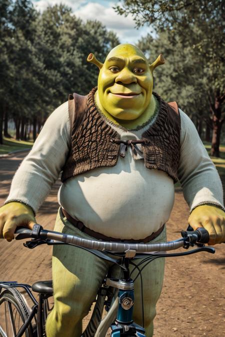 portrait picture of (shrex:1.1) <lora:ShrekDoguVersion2:0.9>    (riding a bicycle:1.2), fatass, 8k uhd, dslr, high quality, film grain, Fujifilm XT3