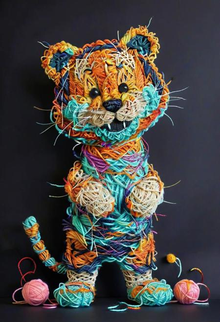 cute little tiger, smile, funny, standing on two legs, Yarn art style