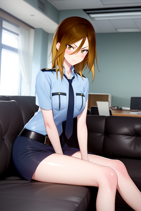 Date Makiko, tsurime, brown eyes, brown hair, two-tone hair, v-shaped_eyebrows, indoors, office interior, glaring, upper body, sitting, couch, Date Makiko, policewoman, police uniform, blue necktie, blue shirt, breast pocket, short sleeves, blue miniskirt, tsurime, brown eyes, brown hair, two-tone hair, belt, bare legs, v-shaped_eyebrows, blush, looking at viewer, tsundere