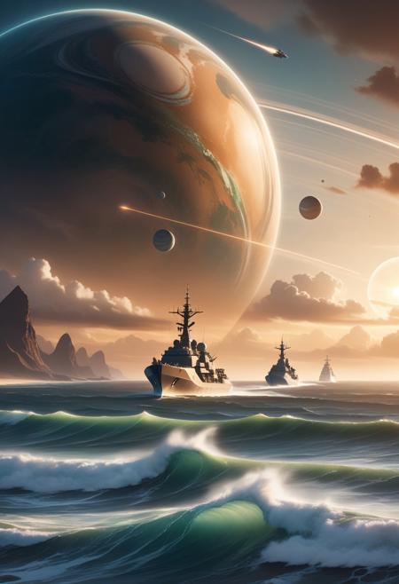 A soft cinematic haze, natural earth tones, depicting an alien planet from space.  Futuristic and mystical ships battle on dramatic ocean waves under vibrant skies; the scene rendered in soft focus with muted browns and beiges.