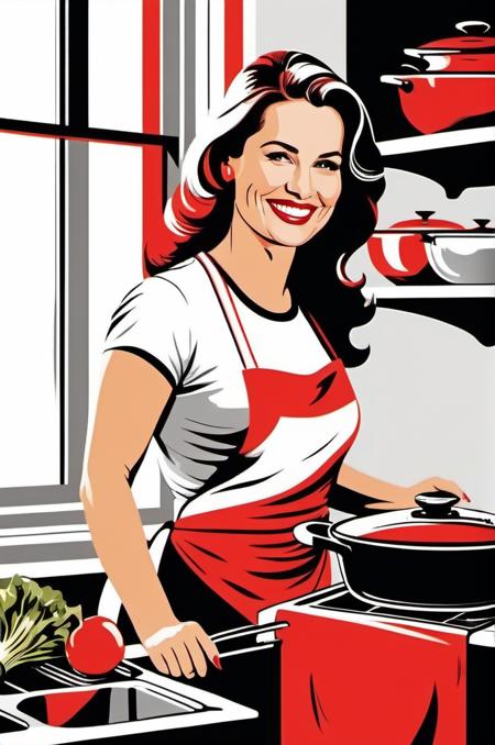 Fashionable T-shirt,  Bold Red and Black and silver Color Palette, Contemporary Illustration Style,   , <lora:TshirtDesignRedmond-TshirtDesignAF:1> TshirtDesignAF, A highly detailed mother in her kitchen preparing meal, window sunny day, happy, smiling,