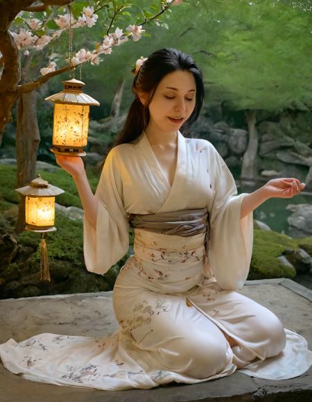 In the ethereal twilight's embrace, a strikinglying, raven-haired siren standsin the heartofa moonlitJapanese tea garden, her delicate silhouette illuminatated by the soft golden glow of asolitary solitary lantern's amber hues casting an enchanting dance shadows upon the intricate patterns stone and foliage that surround her. Draped in a sumptuous ivory kimono adorned with delicate blossomsands cascade of shimmering silver beads, she gracefully poses while one hand gently cradling a traditional tea bowlwhile the other cares caress a cherry-blossom branch, its petals drifting lazly downwards to join the petalsy the petals already blanketing the tranquil pond below. Her long raven locks cascade her shoulders in soft silken waves,silken waves, the moonlight catching the glint of her emerald eyes that seem hold the depths of a thousand secrets, and delicate smile plays upon her lips, as if whispering a secret to the wind rustles through the branches above. The background is filled with lush greenery of the tea garden, the soft sounds crickets singing in harmony, creating an atmosphere of peace and serity, while the distant sound of waves crashingupon shore adds an extra layer of melancholytoyng to the scene as if remindinging a moment frozen in time, a glimpse into a dreamlike world that exists only in the heart of those who gaze upon it. The overall emotional tone of the photograph is of wistful longing bittersweet nostalgia, capturing the essence of moment frozen in the time, a glimpse into a dreamworld that exists only in the heart of those who gaze upon it. J3LL7J3W3L5 <lora:zkmnxs18fb77058ebi19:1>