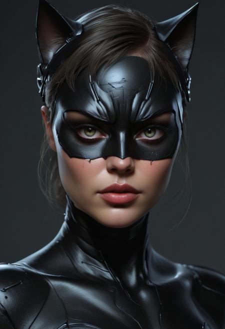 fflixmj6, catwoman, one eye closed, film costume concept tests, black eye makeup, highly detailed portrait, digital painting, artstation, ears pointing down, concept art, smooth, sharp focus illustration