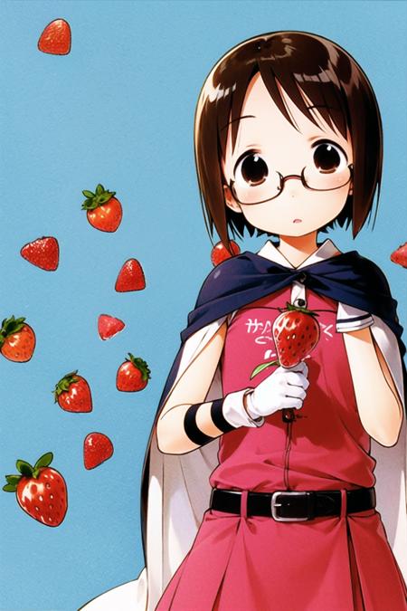 Ichigo Mashimaro,1girl, solo, fruit, strawberry, glasses, cape, food, gloves, brown hair, belt, short hair, <lora:Ichigo Mashimaro:0.8>