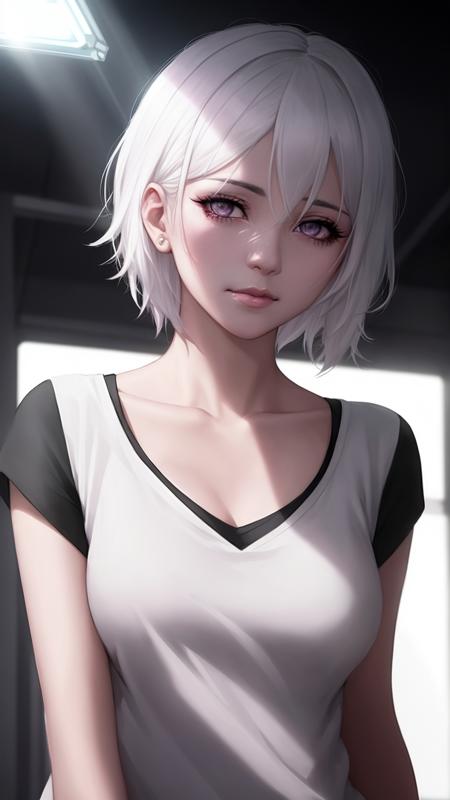 a woman with white hair and a black shirt is staring at something with a light shining on her face, Charlie Bowater, rossdraws global illumination, cyberpunk art, light and space, 1girl, closed_mouth, collarbone, hair_over_one_eye, light_rays, lips, looking_at_viewer, nose, pink_lips, short_hair, solo, sunlight