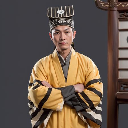 A man wearing traditional Chinese attire stands in front of a grey background, with his arms crossed. He is dressed in a yellow robe that has black stripes on the sleeve edges, and adorned with a circular symbol under the right arm. The symbol consists of a black circle with two lines through it beneath a yellow circle. On his head, he wears a black and white striped hat. In his right hand, he holds a brown wooden sword with intricate carvings, with the handle of the sword resting against his right shoulder and the tip pointing upwards. The overall appearance of the man exudes an air of confidence. <lora:dosifuku:0.75>,((â¯ï¸))