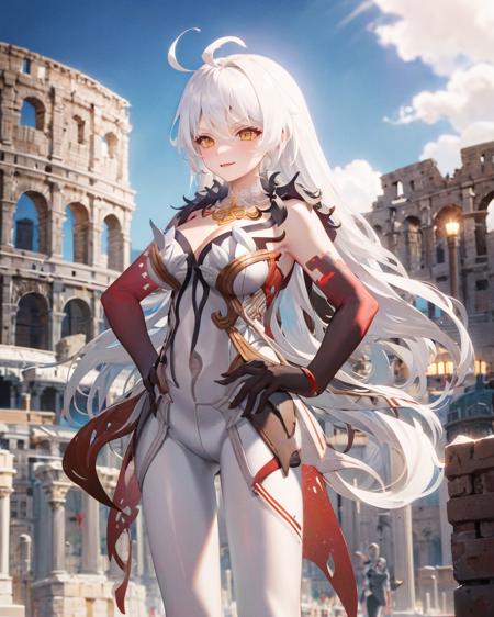 1girl,solo,sohp, <lora:SustainerHeavenlyPrinciplesV1[sohp]:1>,long_hair, large breasts,ahoge, (white_pantyhose),
standing,outdoors,evil smile, colosseum,hand on hip,  gloves