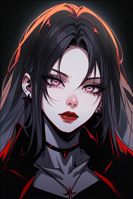 goth girl woman, pale skin, red lips,  japanese bang, high quality, red eyes, simple background, dark background, serious look,  black clothes, choker, detailed face, detailed eyes, black hair, eyelashes, earrings, portrait,  <lora:Goth_girl-v3-000002:0.8><hypernet:anime:1.0><hypernet:anime:1.0>