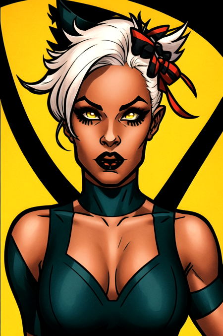 masterpiece, best quality, 1girl, gothic, black lips, solo, yellow eyes, contoured makeup, makeup, multicolored hair, white hair, black hair, two-tone hair,ombre , Ororo Munroe, dark skin, tan skin, Storm of the X-men, bangs, eyeshadow, cross, hair bow, bow, lipstick,fishnets, mohawk, mascara, side lighting, skiny skin, best illustration, hair ornament