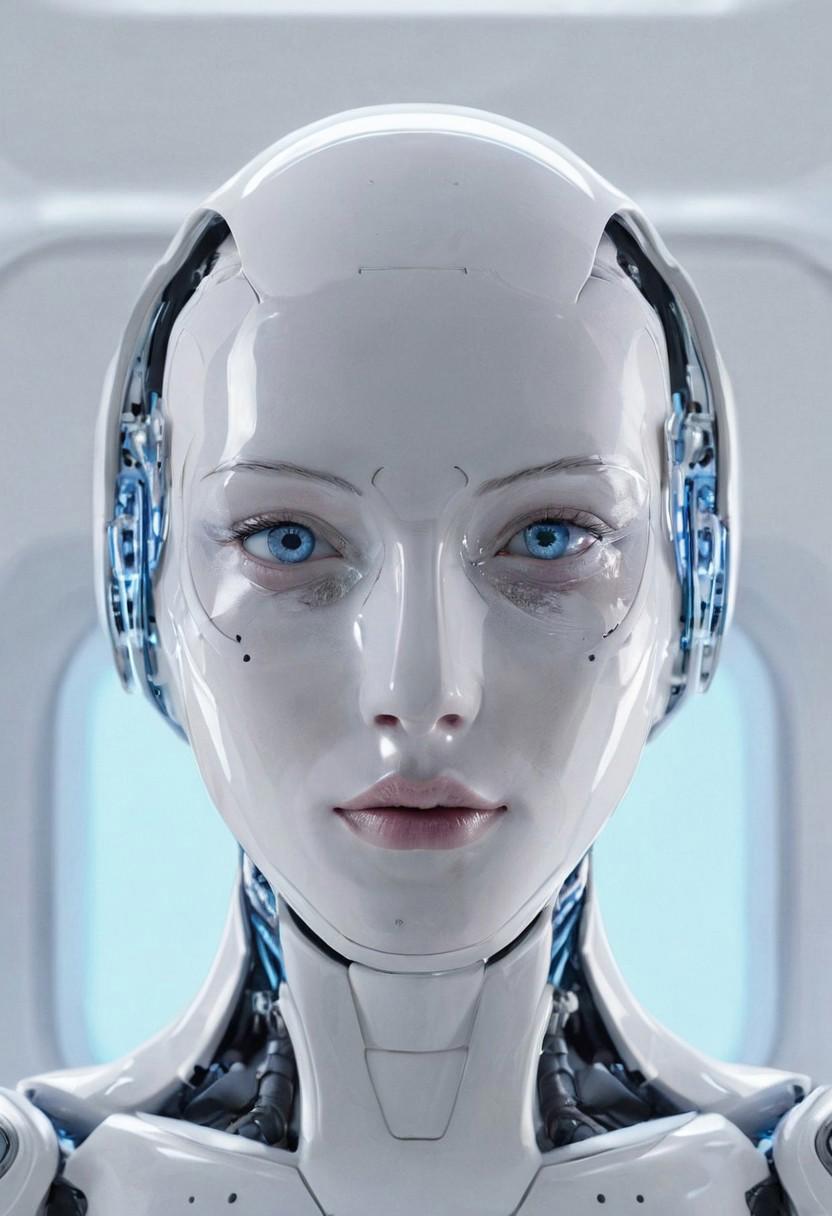 A robot, white plastic skin, female, neutral face, blue eyes, detailed, realistic, white room