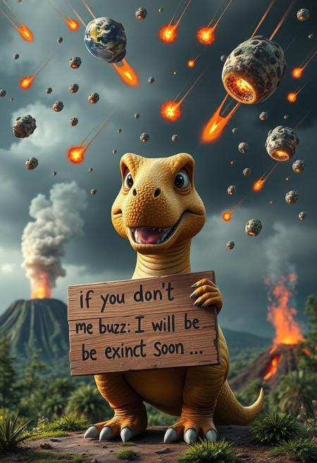 “A friendly, dog-like T-Rex standing upright, holding a hand-painted wooden sign that reads: ‘If you don’t give me buzz, I will be extinct soon…’. The T-Rex has a goofy, endearing smile and wide, sparkling eyes that make it look as lovable as a playful dog. The prehistoric setting features lush greenery and steaming volcanoes, but the sky is chaotic, filled with a plethora of smaller burning asteroids streaking down toward Earth, leaving fiery trails behind. The looming disaster contrasts hilariously with the T-Rex’s cheerful, oblivious demeanor, making the scene both comedic and slightly apocalyptic.”