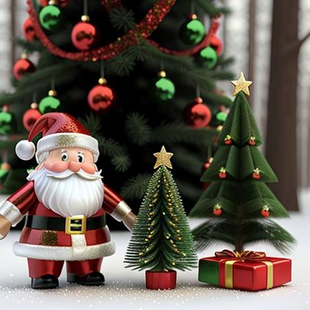 Santa claus, christmas tree, with toys, in the new year's forest 3d, glitter details
