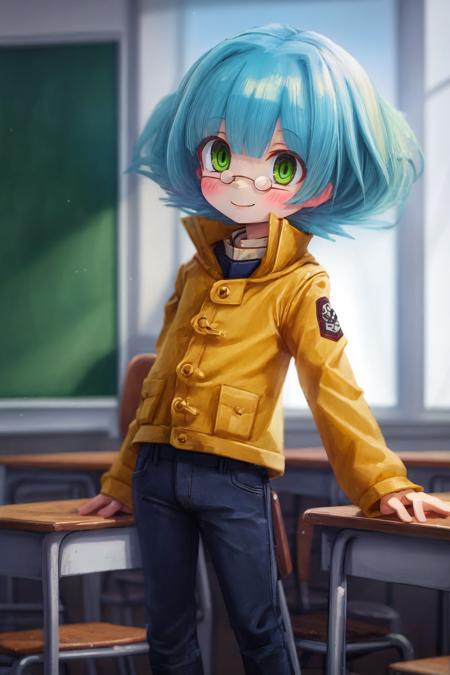 1boy, child, marufujisho, blue hair, short hair, bangs, green eyes, circular glasses, yellow jacket, pants, smile, standing, classroom <lora:marufuji_sho:1>