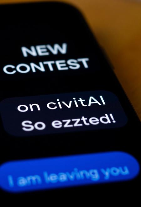 Close up on a smartphone showing text messages that read in white  "NEW CONTEST", "on CivitAI",  "So excited!". And one message in blue at the bottom : "I am leaving you".