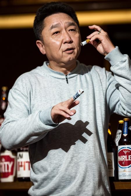 best quality, ultra high res, (photorealistic:1.4), <lora:YuQian:0.9>, 1man, upper body, beer_bottle, (cigarettes:1.2)