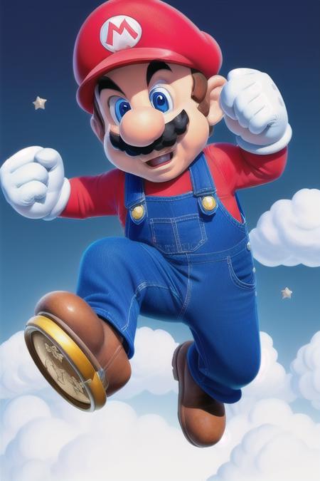 <lora:SuperMario:0.4>
SuperMario wearing overalls and holding coins in his hand, jumping in the clouds, with a mustache, red tshirt