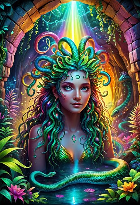 a  medusa  with wriggly snake hair  in a magical mythical setting, Cave whose walls are covered with shimmering plants, prismatic snakes, vibrant  surreal, whimsical, playful, intricate details, cinematic lighting, digital painting, trending on artstation, 8k, ultra-detailed, masterpiece, fantasy art,  mythical creatures,  magical atmosphere, ,<lora:SankeHairILL:1>, RainbowUnicornStyle