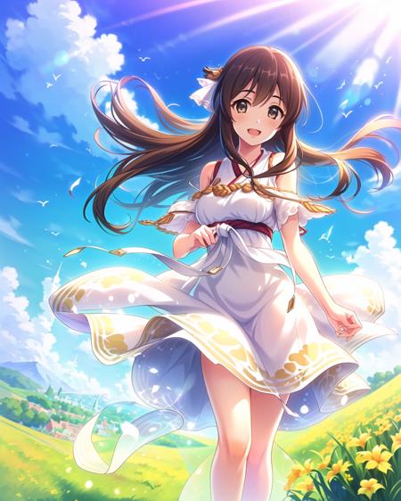 (masterpiece), (best quality), (ultra-detailed),(best shadow:0.7), (best illustration), (an extremely delicate and beautiful), photorealistic, finely detail, 1girl, grassy hill, blue sky, white cloud, sunlight, diffraction spikes, from below, finely detailed pupil, far from viewer village, BREAK, (akagi:1.22) from kantai collection, (feet out of frame), finely detailed iris, finely detailed hair, disheveled hair, brown eyes, brown hair, smile, (white sundress:1.22), open mouth, standing, medium breasts, hair ribbon, (wind:1.22)