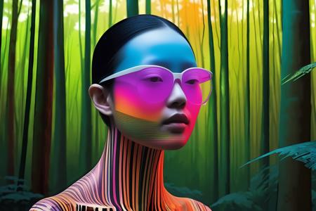 A surrealistic fusion of Reuben Wu's ethereal landscapes with Nick Knight's hyper-realistic models. A Synthetic forest of barcode trees, where creatures with Taro Okamoto's biomechanical limbs frolic and play. The sun sets in vibrant, electric hues, casting long, synthetic shadows that distort the Sharp Focus images of the models. In the distance, a satellite hovers, projecting old school designs onto the landscape, OverallDetail