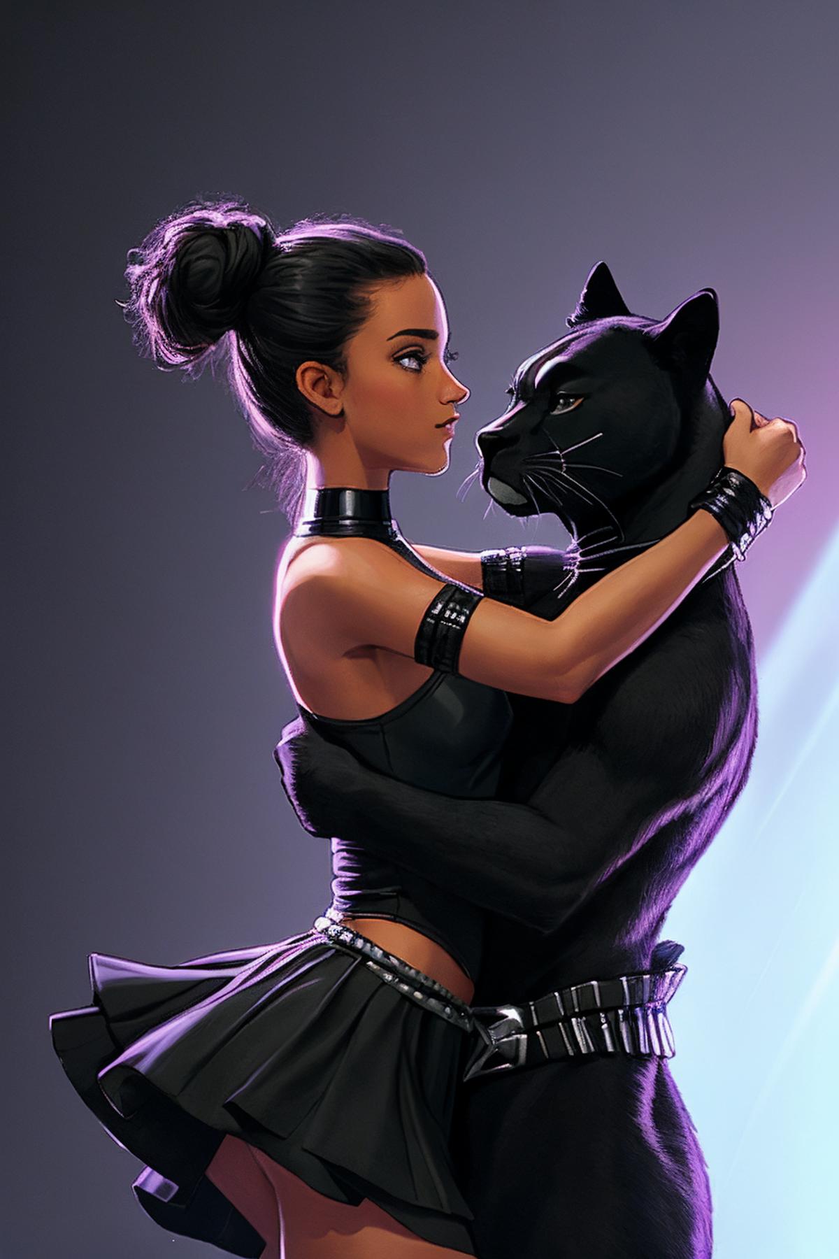 A woman wearing a black top and black skirt is holding a black cat.