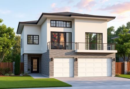 exterior of a modern two story building, decor, wide view, with a garage and lawn