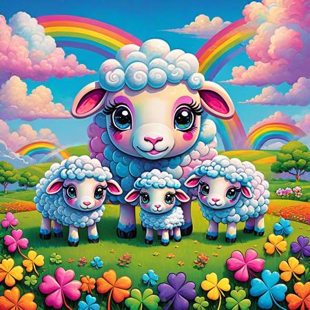Adorable cloud sheep family, playful poses, (big expressive eyes:1.3), field of colorful stylized rainbows, fluffy textured clouds, simple landscape, bright color scheme, (Lisa Frank: 1.2), (rainbow shamrocks:1.2)